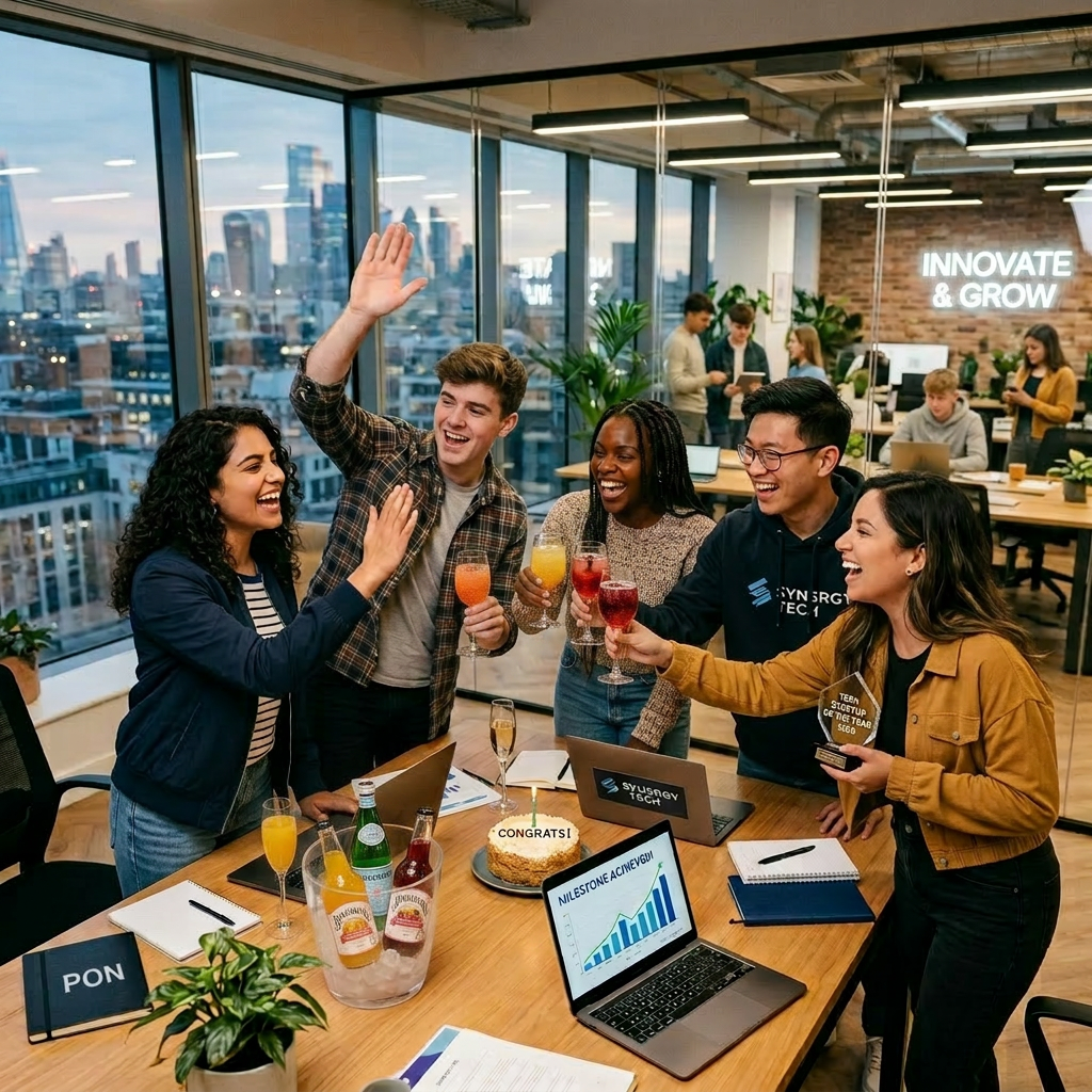 Five coworkers celebrating a business milestone with champagne and high-fives in an office