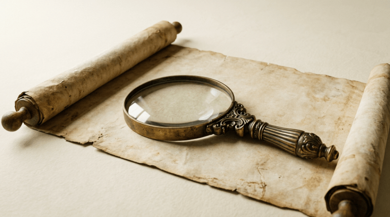 Antique scroll titled Chronica Antiqua with Latin text and ornate brass magnifying glass