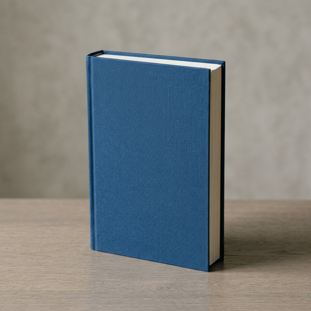 Closed blue hardcover book standing upright on wooden table