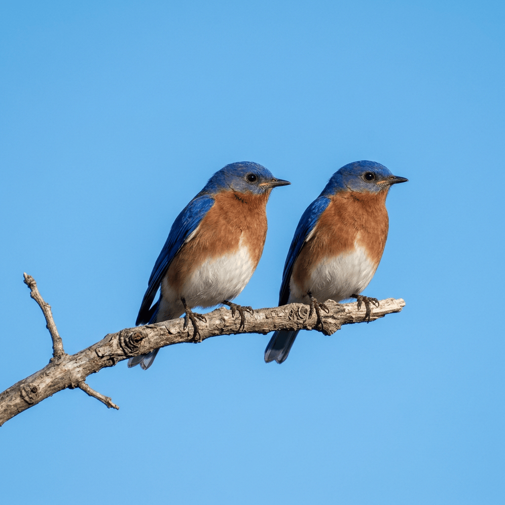 Two Eastern Bluebirds with blue, orange, and white feathers perched on a branch