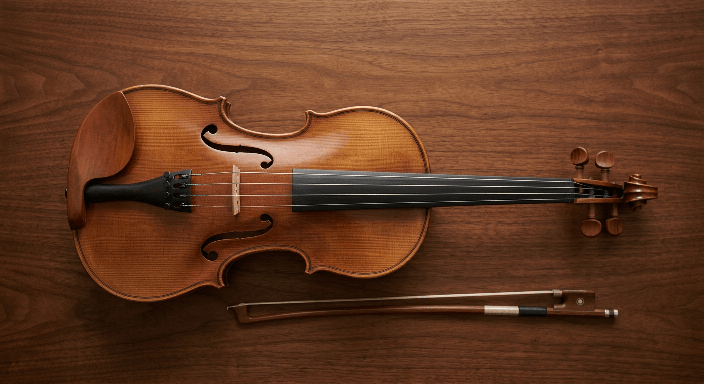 Single violin on wooden surface, top view