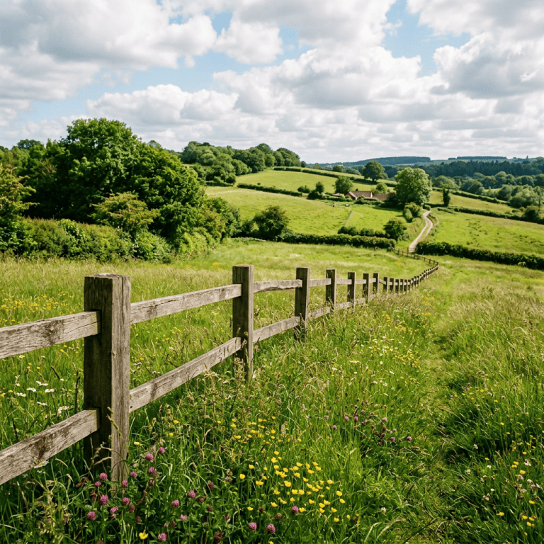 Wooden fence running through a grassy field with wildflowers and rolling hills in the background.
