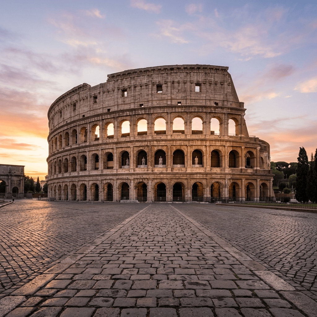 The Roman Colosseum with multiple arches and statues, under a vibrant sunset sky
