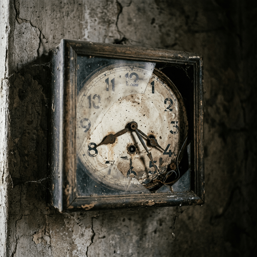 Rusty square clock with broken glass and stopped hands on aged wall