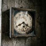 Rusty square clock with broken glass and stopped hands on aged wall