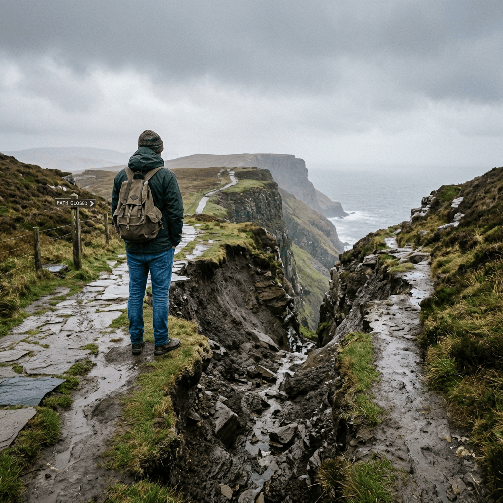 Person wearing green jacket and backpack standing near a 'Path Closed' sign on a cliffside trail overlooking the ocean