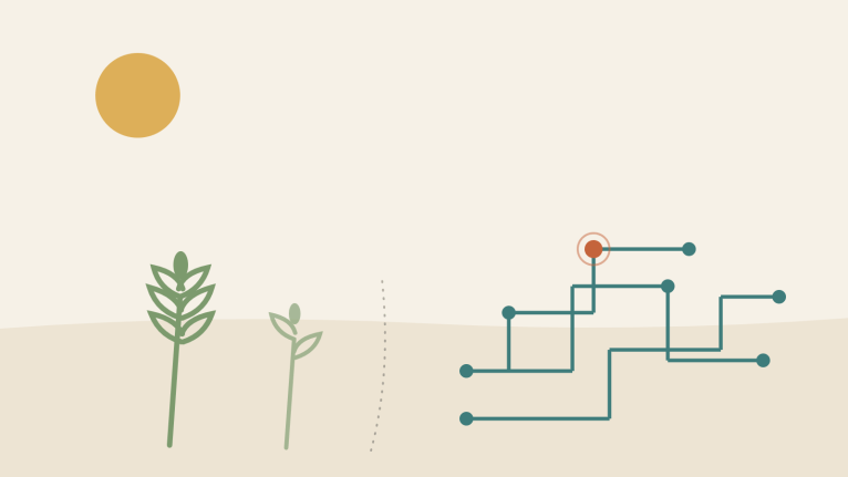Flat minimalist illustration of wheat stalks on the left transitioning into circuit lines and nodes on the right