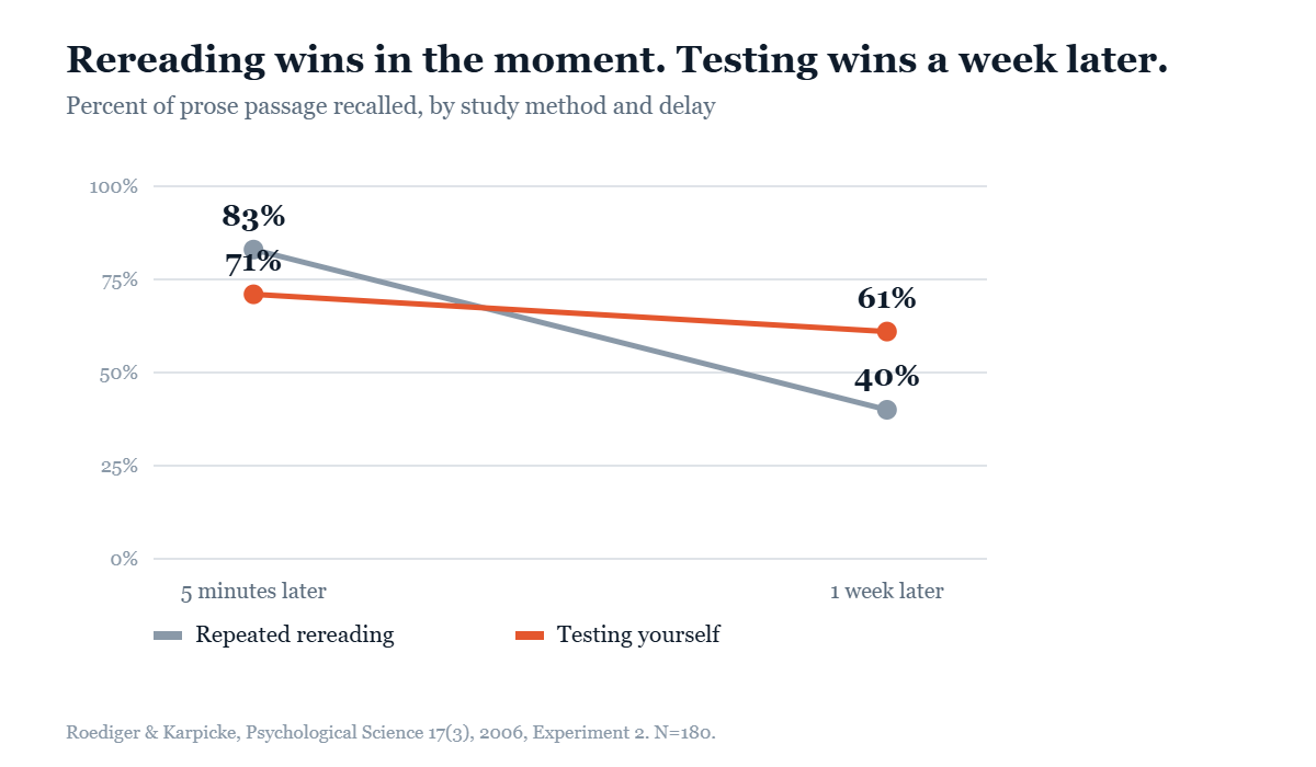 Rereading wins in the moment, testing wins a week later